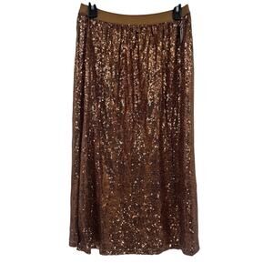 DR2 Women's Pleated Sequin Shimmer Midi Dress Pull On Elastic Waist Brown Medium